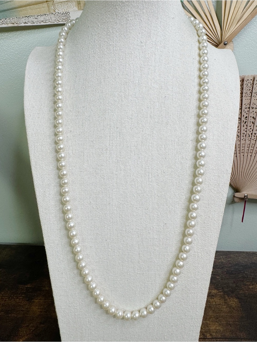 Vintage Long Ivory White Glass Pearl Necklace Opera Length